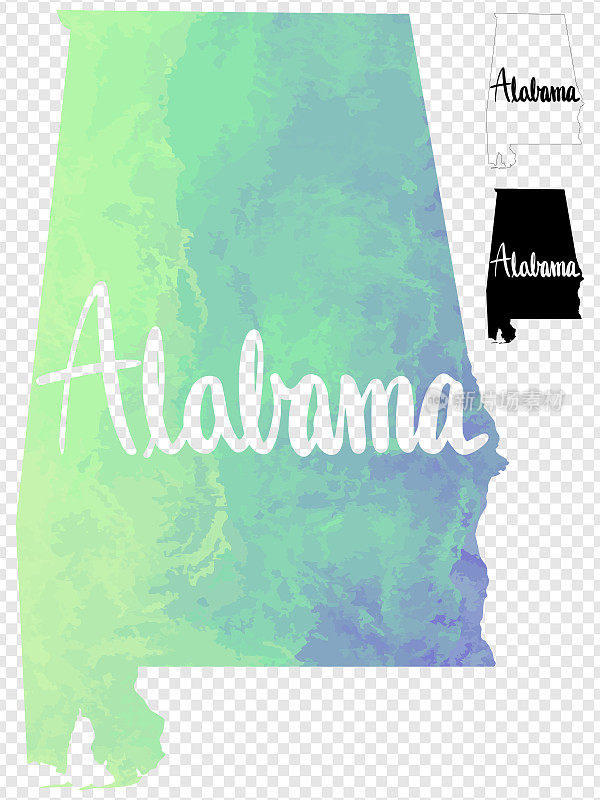 Alabama, USA Watercolor Textured Color Gradient Vector Map w/ Calligraphy